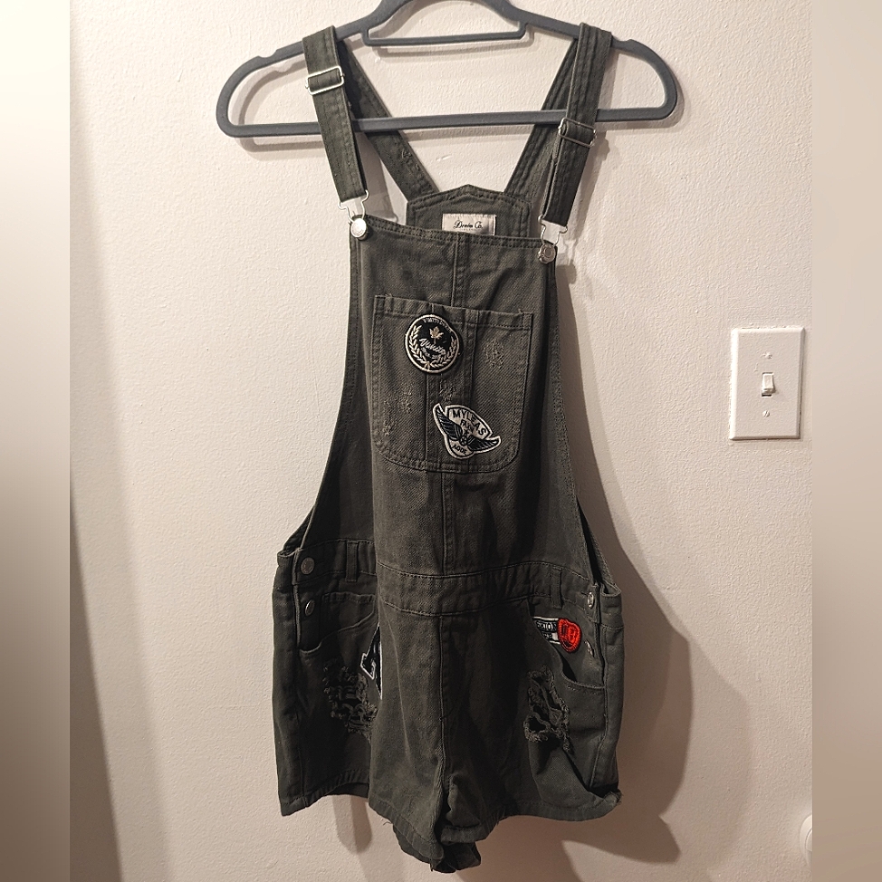 Army Green Patchwork Overall Shorts